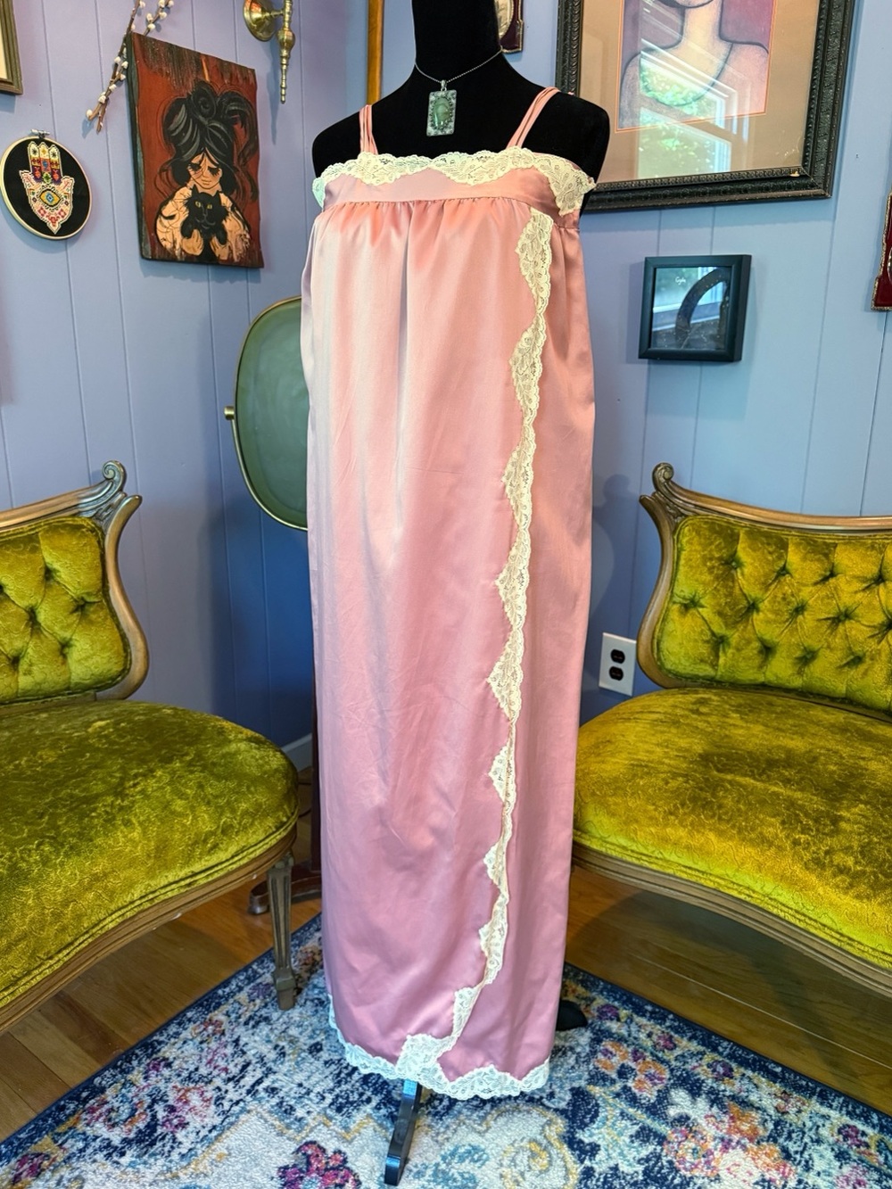 Vintage Corhan Noumair Pink Lace Nightgown Lounge Dress Slip Dress Size Small